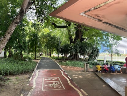 Unos niños se refugian bajo una sombra el pasado 24 de agosto en el parque de Benjakitti, uno de los mayores espacios verdes de Bangkok, que a menudo no se puede usar debido al calor.