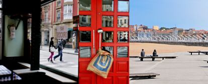 De izquierda a derecha, tres imágenes de Gijón: la sidrería El Globo, la puerta del bar Cucurrabucu y la playa de Poniente.