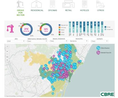 Mapa dels projectes immobiliaris i les grues de Barcelona.