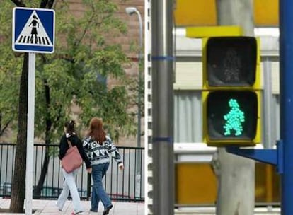 Una señal de tráfico y nuevos semáforos con iconos femeninos en Fuenlabrada (Madrid).