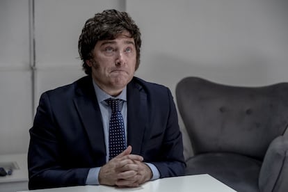 Javier Milei, Argentine presidential candidate, speaks during an interview at La Libertad Avanza's offices in Buenos Aires, Argentina