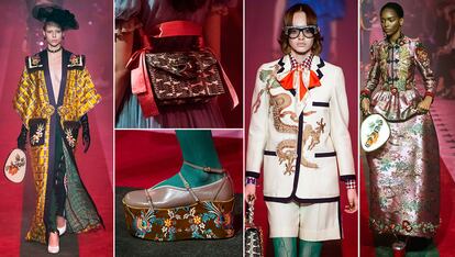 Si hay una marca (junto a Prada) que se ha dejado embaucar especialmente por el lujo asiático, es Gucci. China y Japón se dan la mano en dragones, estampados florales, sedas y brocados que incluye Alessandro Michele en la colección de primavera, junto a prendas propias de ambas culturas.