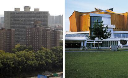 A la izquierda, los 'projects' del Bronx, en Nueva York (Estados Unidos). A la derecha, la Berliner Philharmonie (1963), de Hans Scharoun, en la Berlín occidental. |