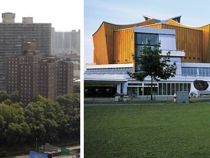 A la izquierda, los 'projects' del Bronx, en Nueva York (Estados Unidos). A la derecha, la Berliner Philharmonie (1963), de Hans Scharoun, en la Berlín occidental. |