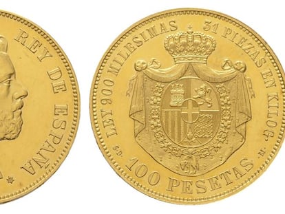 Moneda de 100 pesetas de 1871 con la imagen de Amadeo I de Saboya.