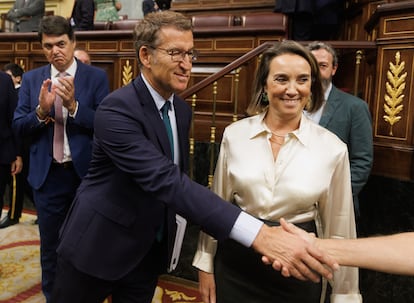 El líder del PP y candidato a la Presidencia del Gobierno, Alberto Núñez Feijóo, y la portavoz del partido en el Congreso, Cuca Gamarra, a su llegada al hemiciclo.