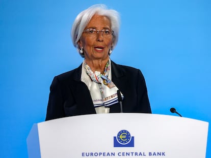 La presidenta del BCE, Christine Lagarde, el jueves en Fráncfort, durante la rueda de prensa tras la reunión del Consejo de Gobierno del banco.