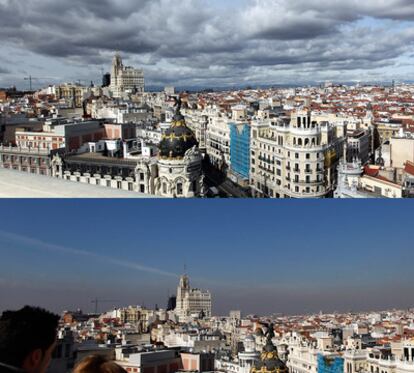 Vista del norte de la ciudad de Madrid desde el centro de la capital, donde se aprecia el descenso de la contaminación atmosférica respecto de la semana pasada (09-02-11) en el mismo punto.
