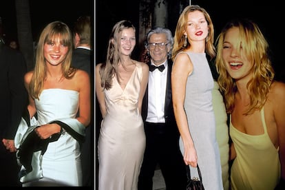 Su irrupción en la industria coincidió con el triunfo del minimalismo de Calvin Klein. En la foto de izda. a dcha., Kate Moss con su entonces pareja Johnny Depp (1995), junto a Richard Avedon (1993), en Cannes (1997) y en una de sus primeras apariciones (1990).