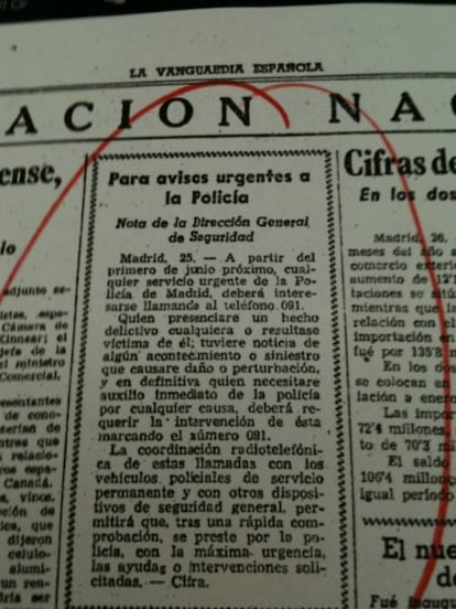 El primer anuncio del 091, publicado en el periódico <i>La Vanguardia</i> del 25 de Mayo de 1958.