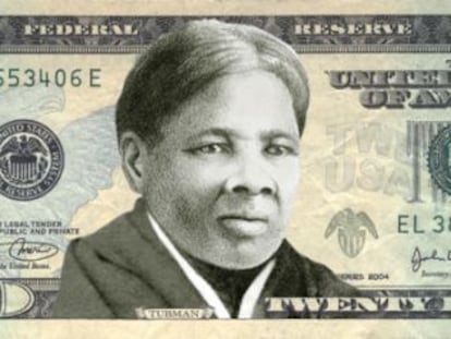 Montagem de uma nota de 20 dólares com o rosto de Harriet Tubman.