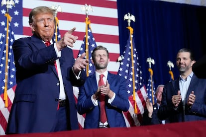 Donald Trump, with his sons Eric and Don Jr., at a party following his victory in the Iowa caucuses in January.