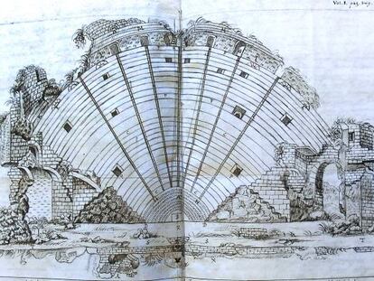 Plànol de la primera excavació del teatre Romà de Sagunt, el 1702.