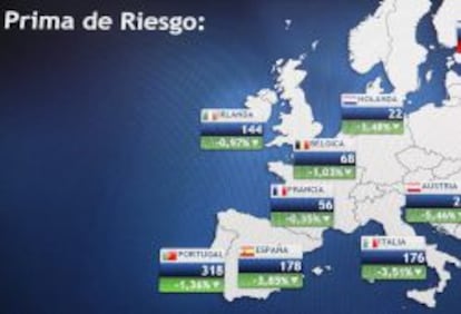 Monitor en la bolsa de Madrid que muestra, entre otras, la prima de riesgo de Espa&ntilde;a.