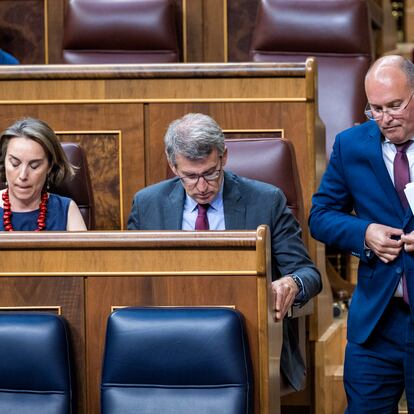 La secretaria general del PP, Cuca Gamarra; el presidente del Partido Popular, Alberto Núñez Feijóo, y el portavoz de la formación en el Congreso, Miguel Tellado, en el hemiciclo, el jueves 4 de julio.