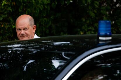 German Chancellor Olaf Scholz looks on as he visits the DLRG water rescue station Fasaneriesee in Munich, Germany, August 24, 2023.