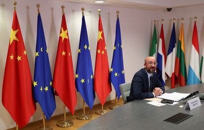 El presidente del Consejo Europeo, Charles Michel, al comienzo de su participación en la cumbre virtual UE-China.