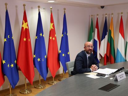 El presidente del Consejo Europeo, Charles Michel, al comienzo de su participación en la cumbre virtual UE-China.