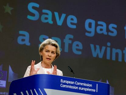 La presidenta de la Comisión, Ursula von der Leyen, en la rueda de prensa de presentación del reglamento sobre ahorro energético en Bruselas este miércoles.