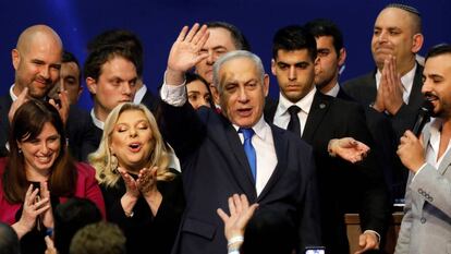 El primer ministro de Israel, Benjamin Netanyahu, celebra el resultado electoral, en Tel Aviv, el pasado 3 de marzo. 