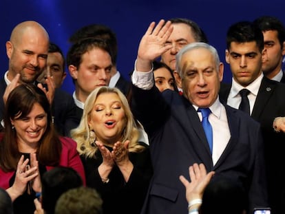 El primer ministro de Israel, Benjamin Netanyahu, celebra el resultado electoral, en Tel Aviv, el pasado 3 de marzo. 