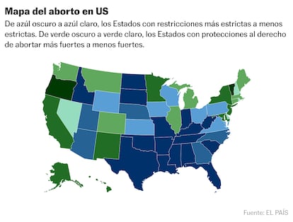 Un mapa muestra la escala de restricciones en torno al aborto por cada estado de los Estados Unidos, a 30 de mayo de 2024.