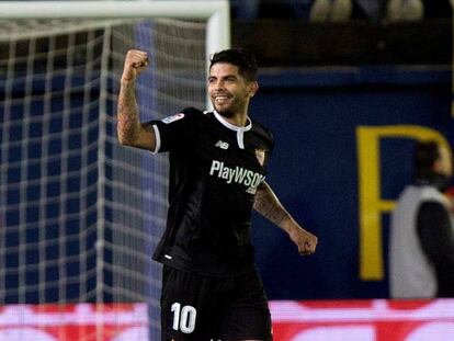 Banega celebra el gol de la victoria ante el Villarreal. 