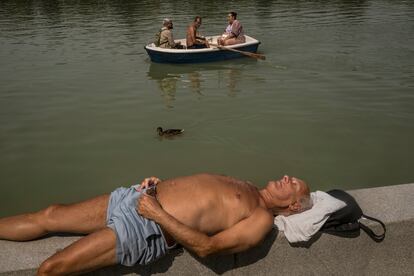 Benn, alemán de visita en Madrid, toma el sol junto al estanque del Retiro.
