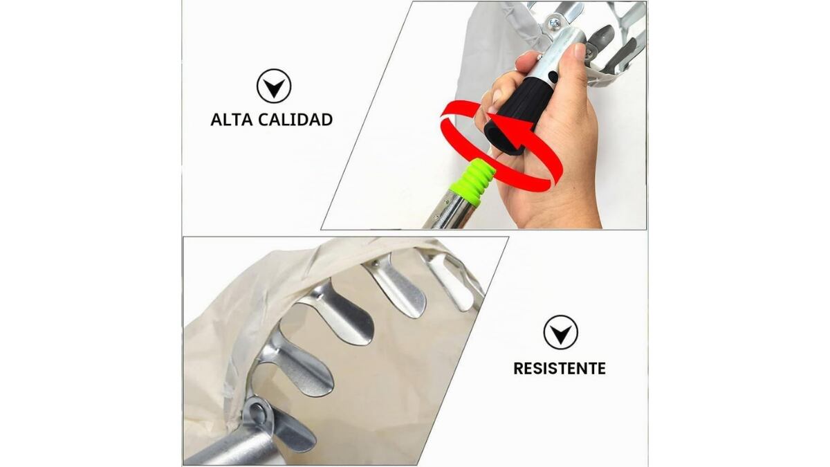 Este recolector de frutas está fabricado con acero inoxidable.