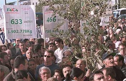 Aspecto de la concentración, ayer, de los olivareros ante el Ministerio de Agricultura en Madrid.