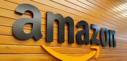 FILE PHOTO: The logo of Amazon is pictured inside the company's office in Bengaluru