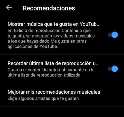 Opción para mejorar las recomendaciones en la aplicación YouTube Music