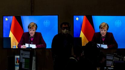 A chanceler Angela Merkel faz seu discurso no congresso virtual da CDU, na sexta-feira em Berlim.