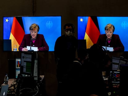 A chanceler Angela Merkel faz seu discurso no congresso virtual da CDU, na sexta-feira em Berlim.