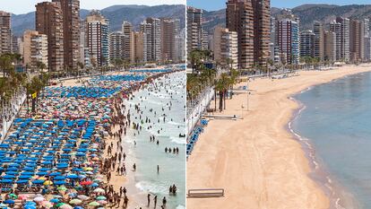 Benidorm's beaches in 2018, and in May 2020.