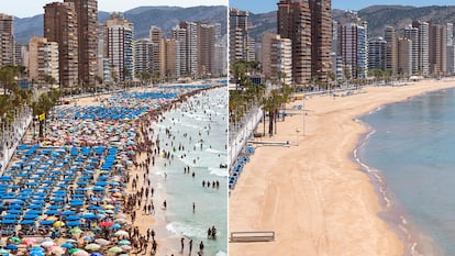 Benidorm's beaches in 2018, and in May 2020.