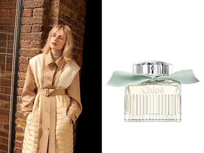 A la izquierda, la actriz Lucy Boynton con una gabardina de la nueva temporada de la firma. A la derecha, Eau de Parfum Chloé Signature Naturelle.