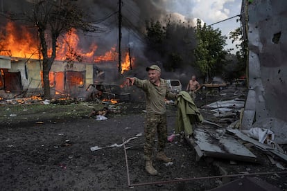 A Ukrainian soldier during a rescue operation, following explosions in Kostiantynivka on September 6, 2023.