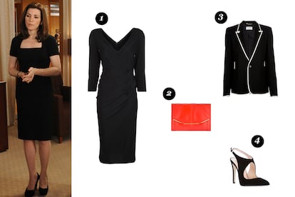 En el armario de Alicia Florrick (The Good Wife)

	1. Vestido de Donna Karan (1.610 euros)

	2. Clutch de Lanvin (895 euros)

	3. Chaqueta de Saint Laurent (950 euros)

	4. Zapato de Giorgio Armani (395 euros)