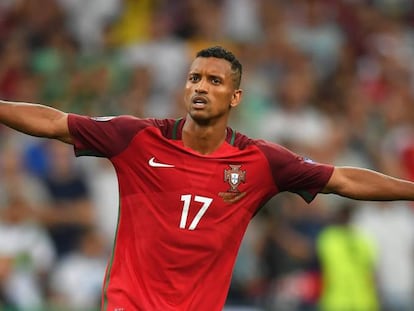 Nani celebra un gol con Portugal. 