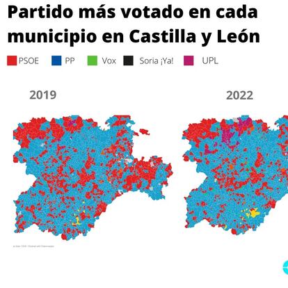 El partido más votado en cada municipio en las elecciones en Castilla y León del 13 de febrero de 2022 comparado con el resultado electoral de las elecciones autonómicas de 2019.
13 FEBRERO 2022
Europa Press
14/02/2022