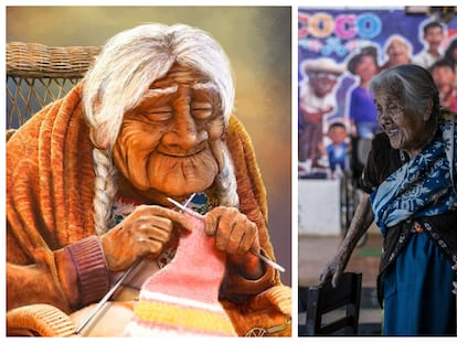 Salud Ramírez, en el pueblo michoacano de Santa Fe de la Laguna, en marzo de 2021. A la izquierda, 'Mamá Coco', el personaje animado de Pixar.
