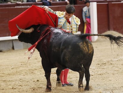 El novillero Gonzalo Caballero durante en la Feria de San Isidro en Las Ventas en el que ha compartido cartel con Álvaro Sanlúcar y César Valencia.
