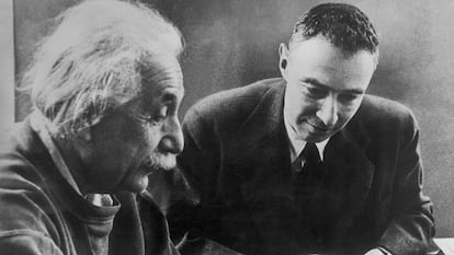 Albert Einstein and Robert Oppenheimer in 1947.