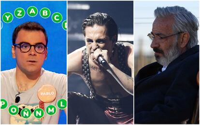Desde la izquierda, Pablo Díaz, ganador del bote de 'Pasapalabra'; el cantante Damiano David, del grupo Maneskin; e Imanol Arias como Antonio Alcántara en 'Cuéntame'.