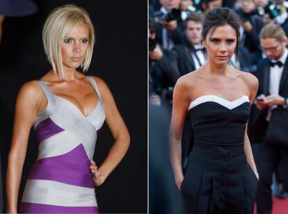 Victoria Beckham decidió operarse los pechos tras el nacimiento de su primer hijo. No sería hasta 2014 que la excantante y hoy diseñadora reconocía en una entrevista que se había quitado los implantes. "En el pasado he llevado tantos vestidos que cuando veía las fotos pensaba: vaya, ya están otras vez mis tetas en el cuello", llegó a decir en una ocasión. En la imagen, Victoria Beckham en 2007 y, a la derecha, en el Festival de Cannes el pasado mes de mayo.