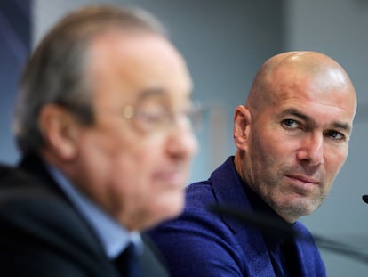 Florentino Perez y Zinedine Zidane, en mayo de 2018 en la primera despedida como técnico del francés.