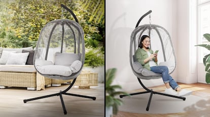 Con un diseño atemporal y elegante se muestra esta silla colgante de exterior con forma de huevo.