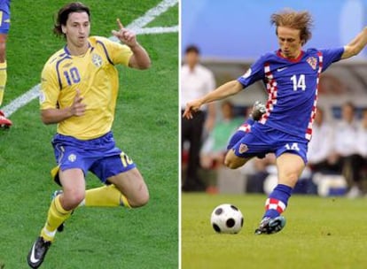 A la izquierda, Ibrahimovic celebra su gol a España. A la derecha, Modric dispara ante Alemania.