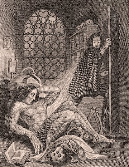 Frankenstein preparant la creació del seu monstre, a una il·lustració dins de l'edició de 'Frankestein' de 1831, de Mary Shelley.